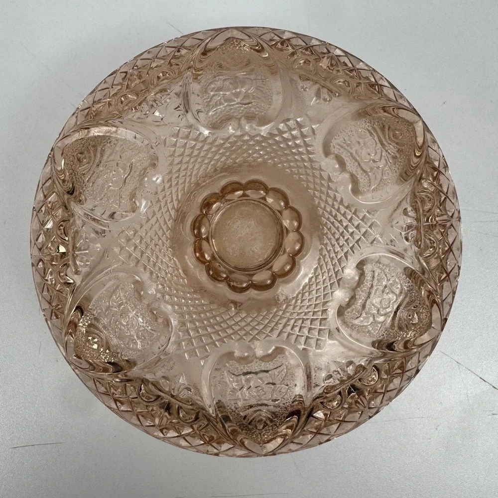 Pink Depression Glass Candy Dish Lidded Bowl Diamond‎ Cut Coquette Cottagecore